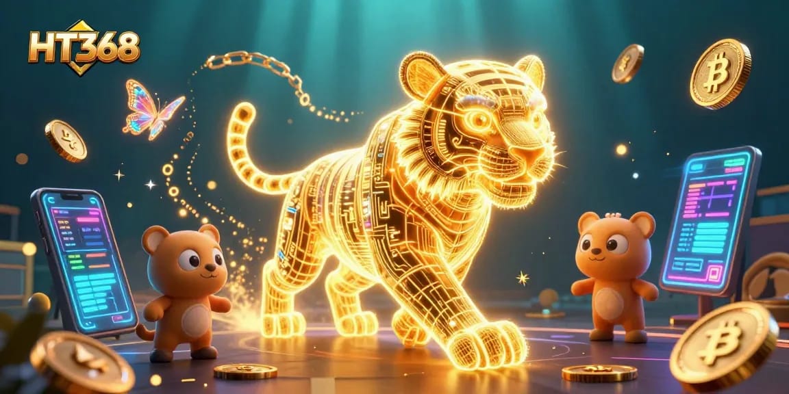 Engage in thrilling gameplay at HT368 with neon tiger amidst crypto-themed casino elements.