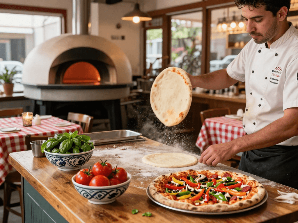 Chef skillfully tossing pizza dough slot with colorful toppings in pizzeria