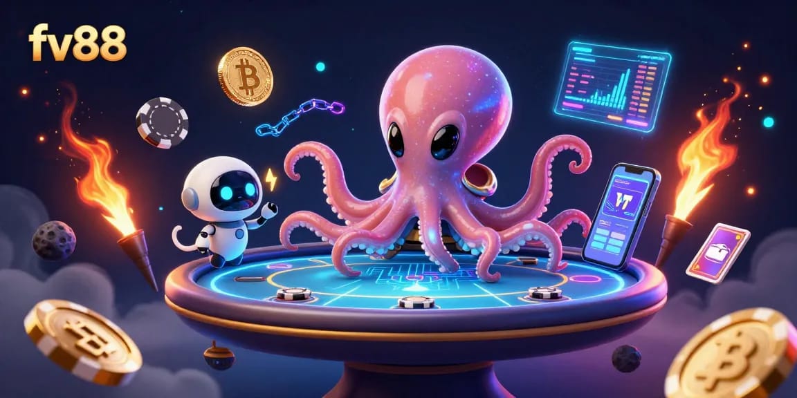 fv88 entertains players with a thrilling poker experience featuring an alien octopus and crypto elements.