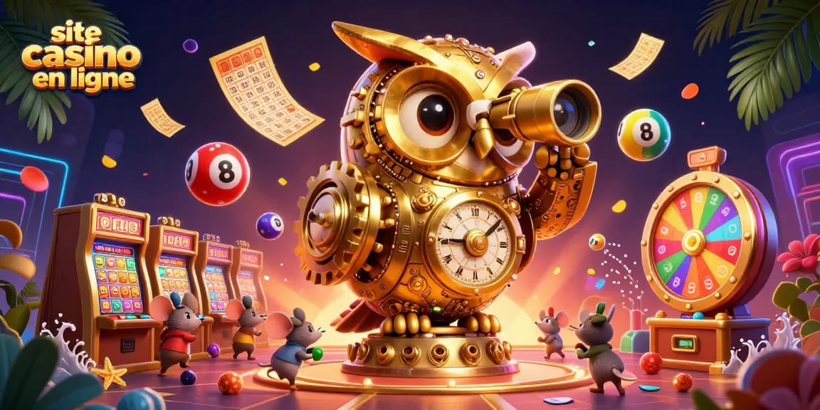 Découvrez l'animation dynamique du site casino en ligne avec une chouette dorée et des éléments de jeu colorés.