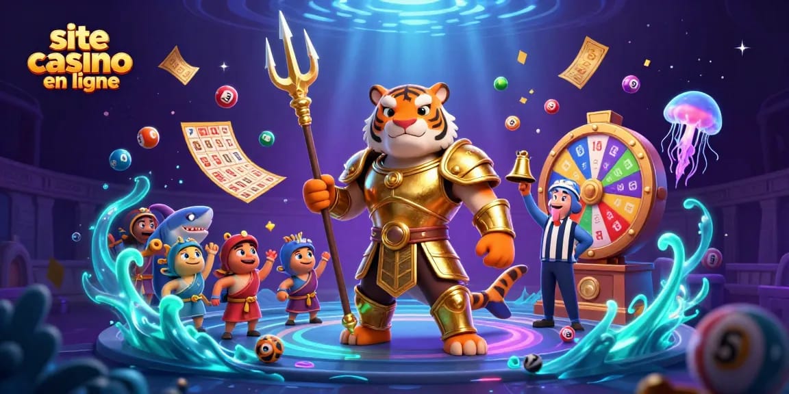 Visitez le site de casino en ligne avec un requin-tigre en armure dorée, jeux de loterie vibrants et ambiance marine unique.