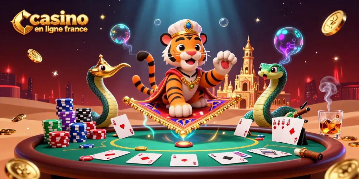 Le sultan tigre sur un tapis volant de jetons de poker dans un décor de casino en ligne France, entouré d'éléments de jeu captivants.