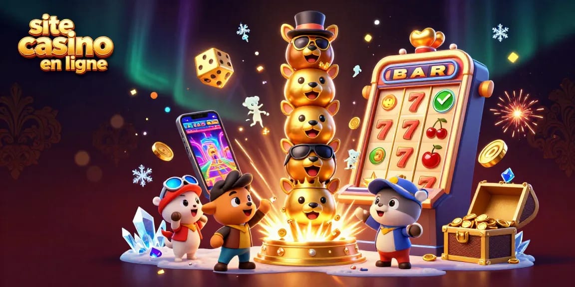 Illustration d'un site casino en ligne avec un totem doré et des machines à sous captivantes.