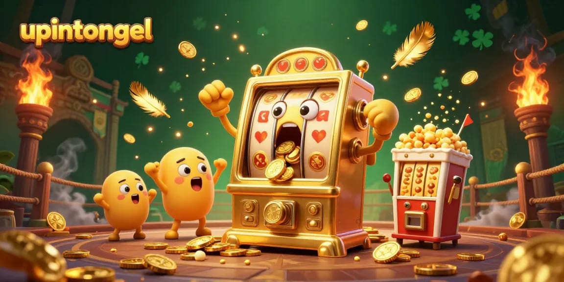 Menangkan jackpot menggunakan upintogel sambil dikelilingi oleh mesin slot kecil dan popcorn emas yang terbang.