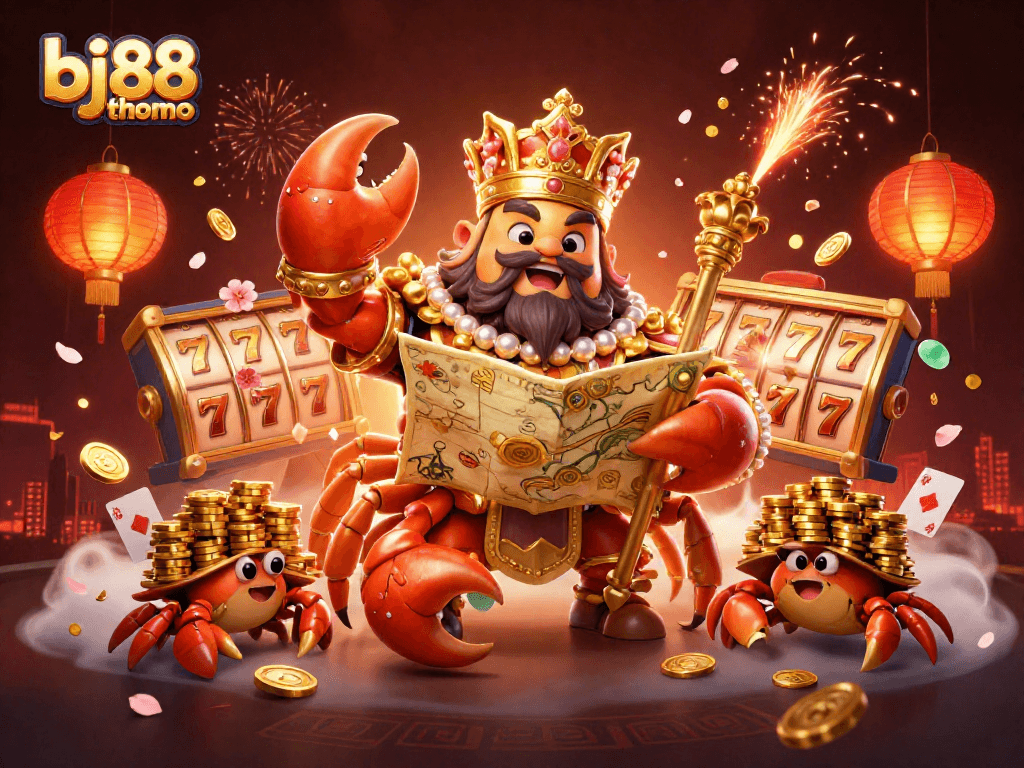 Engage in thrilling, colorful casino vibes at bj88 thomo with a majestic golden crab emperor and dynamic slot reels.