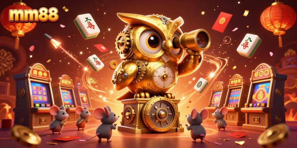Engage with mm88's captivating casino scene featuring a golden owl and whimsical slot machines.