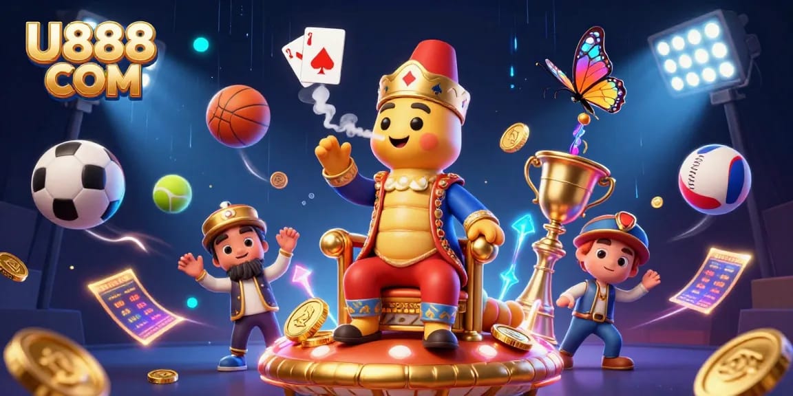 Engage with thrilling sports betting action on U888 COM, featuring a 3D illustration of a lively casino scene.