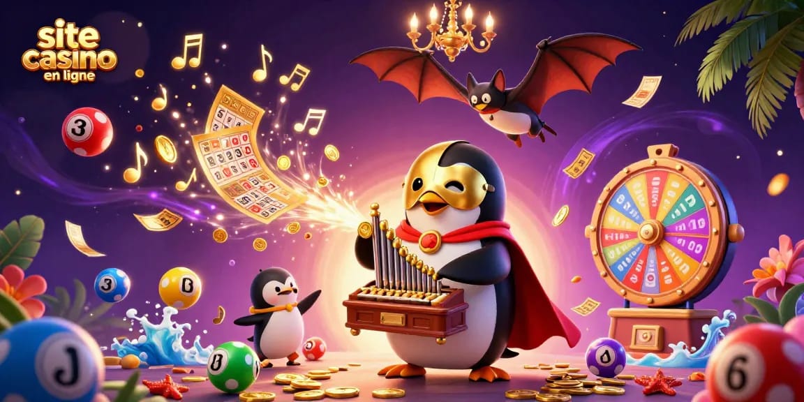 Site casino en ligne : une illustration dynamique d'un manchot opératique et des éléments de jeu colorés.