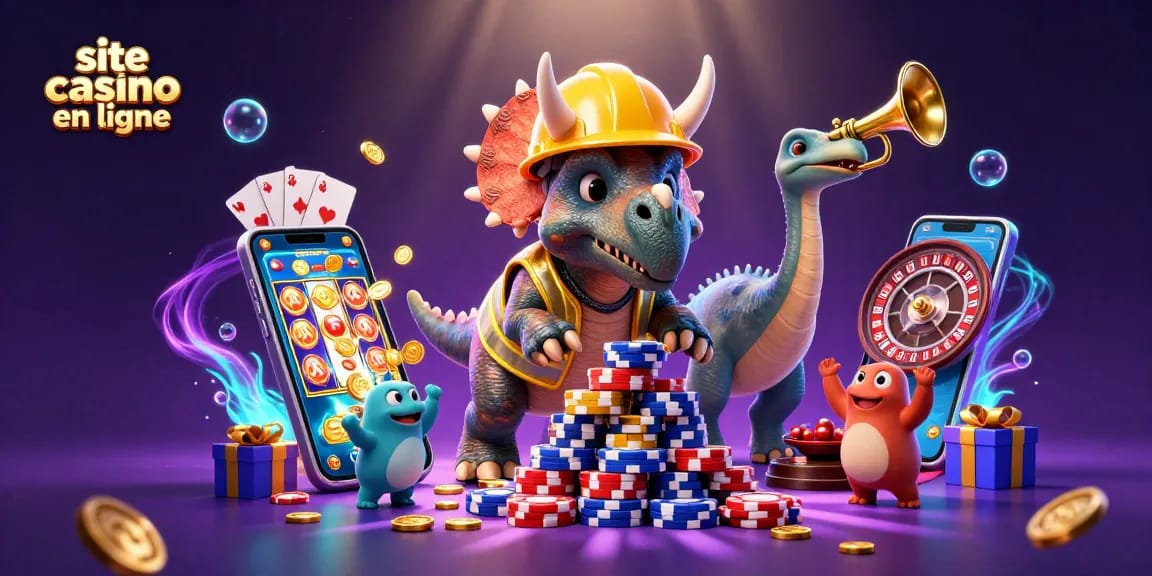 Construction d'une pyramide de jetons de poker par un triceratops sur un site casino en ligne festif