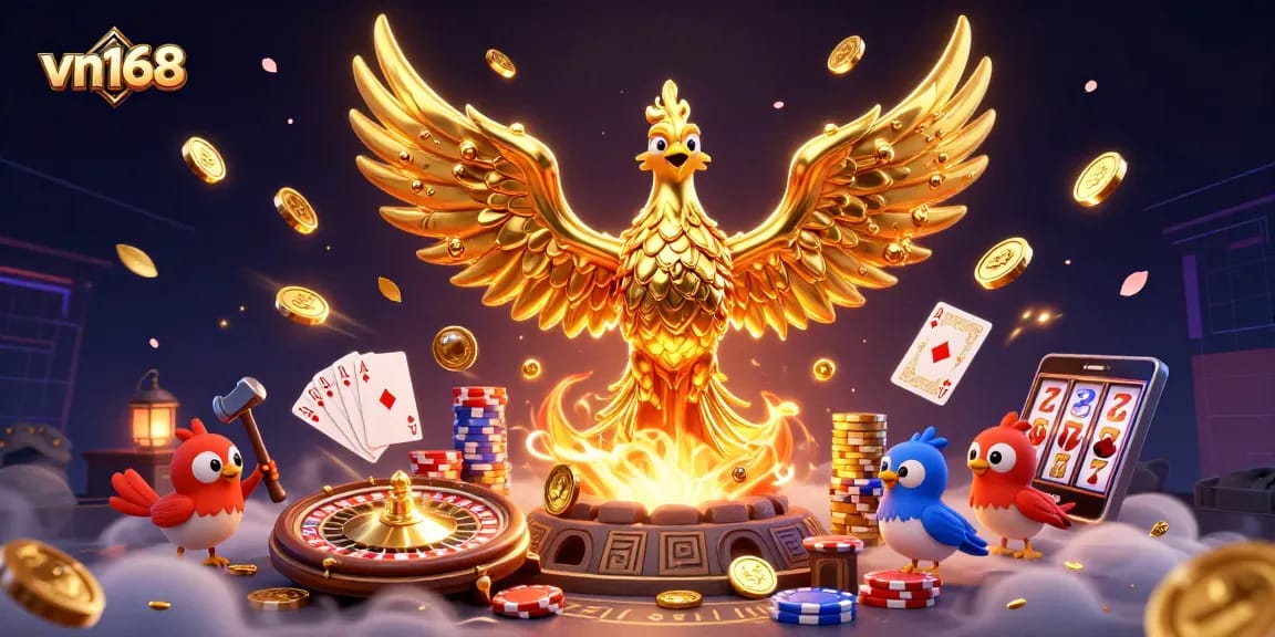 Experience the thrill of vn168 with a golden phoenix and dynamic casino elements in a vibrant 3D scene.