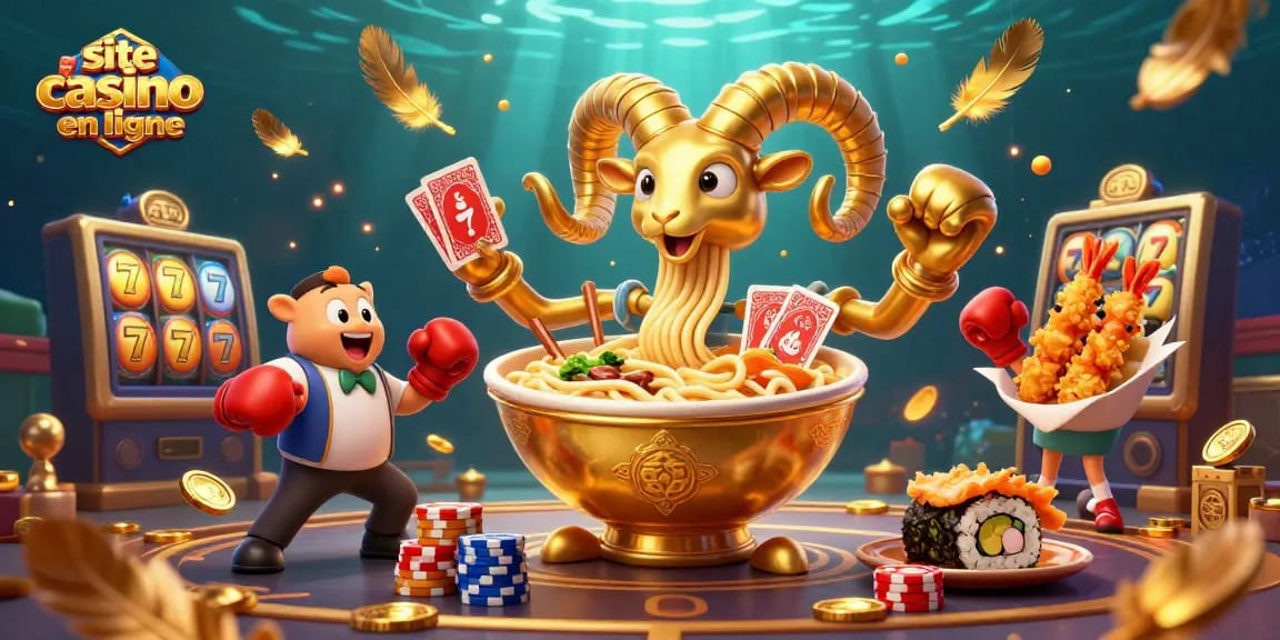 Illustration dynamique d'un site de casino en ligne avec un bol de ramen géant et des personnages de jeux.