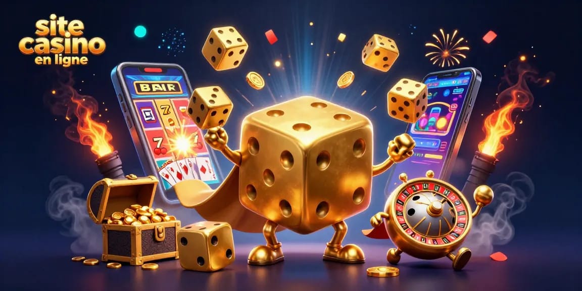 Jouer sur un site casino en ligne avec un golem de dés dorés, machines à sous et jackpots radieux.