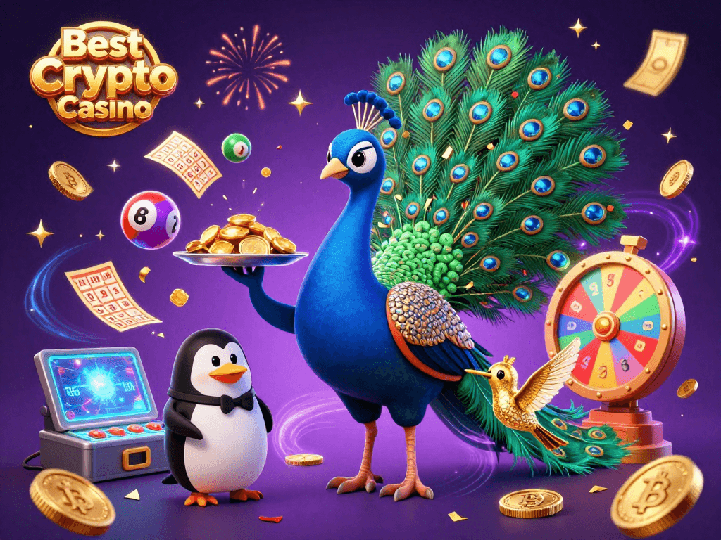 Experience the Best Crypto Casino with vibrant games and characters, featuring a majestic peacock and dazzling effects.