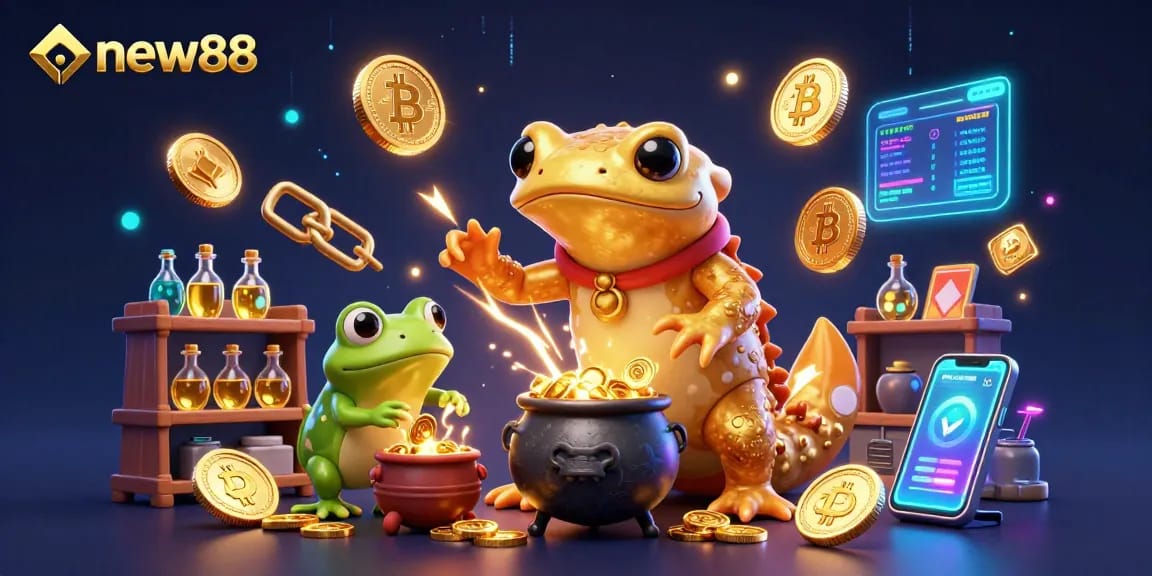 Experience the new88 casino adventure with gold coins and crypto elements in this dynamic illustration.