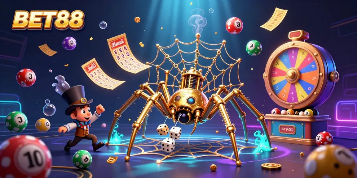 BET88 offers dynamic lottery gaming with bursting colors and engaging characters for online bettors.