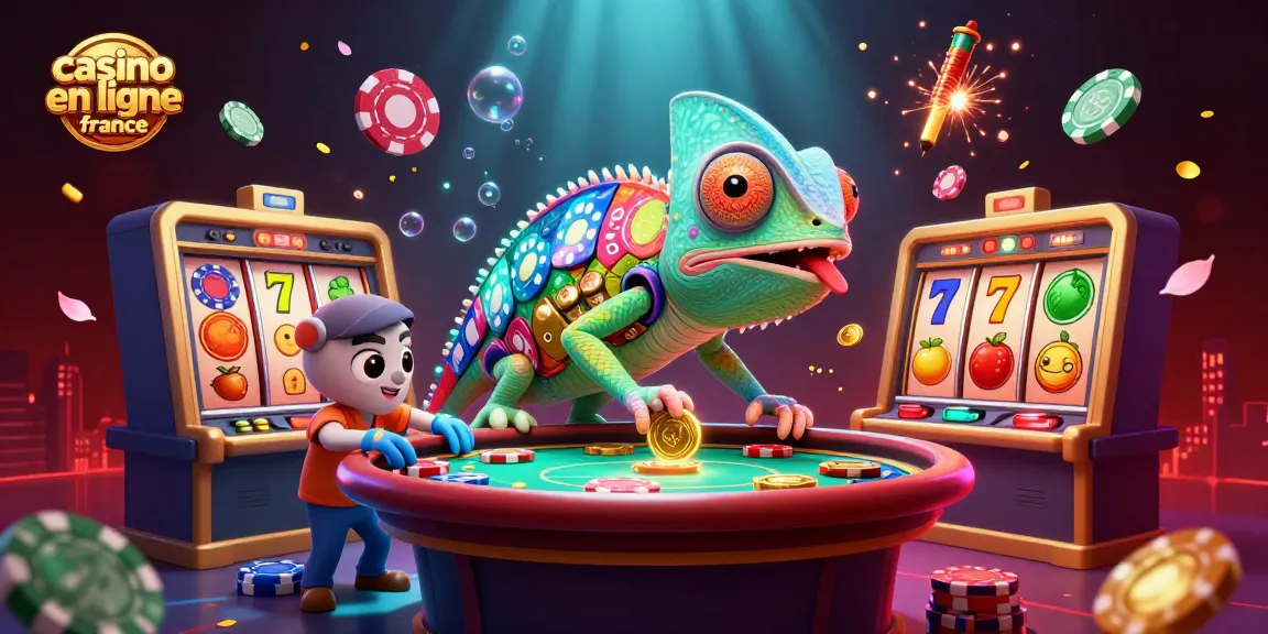 Illustration animée d'un caméléon propriétaire de casino, créant une ambiance dynamique de casino en ligne France.