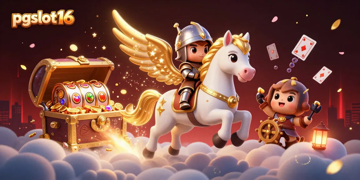Experience exhilarating adventures with pgslot16 as golden treasures and playing cards fill a dynamic 3D fantasy scene.