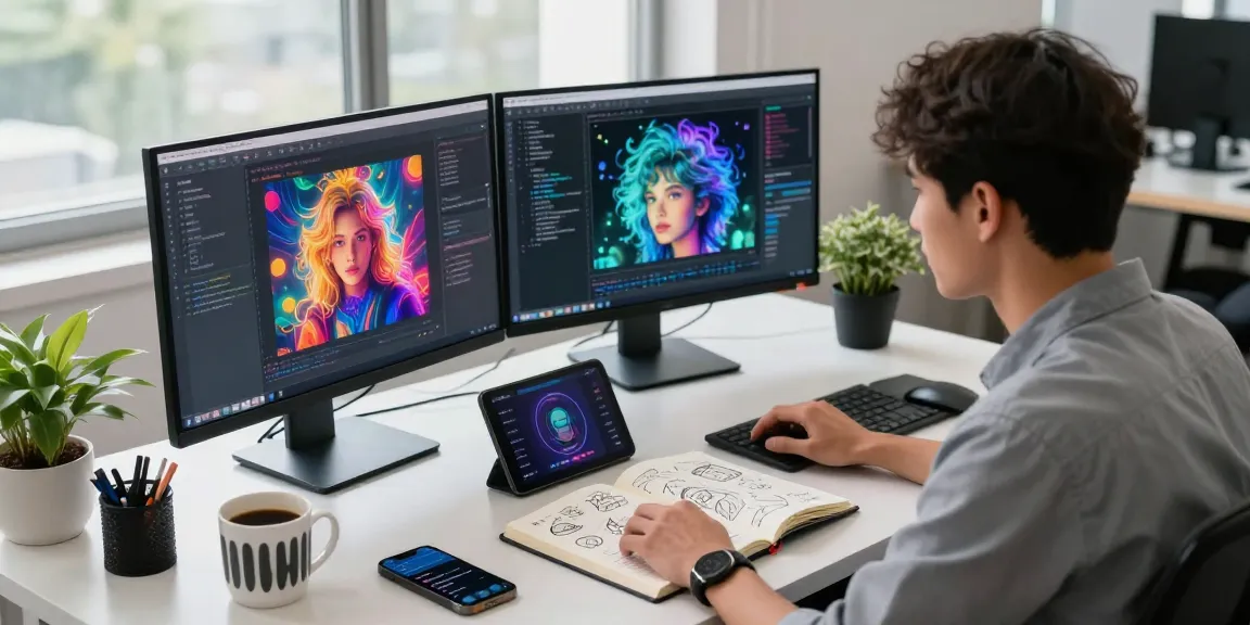 Developer using an AI image generator in a modern tech workspace with dual monitors and vibrant software
