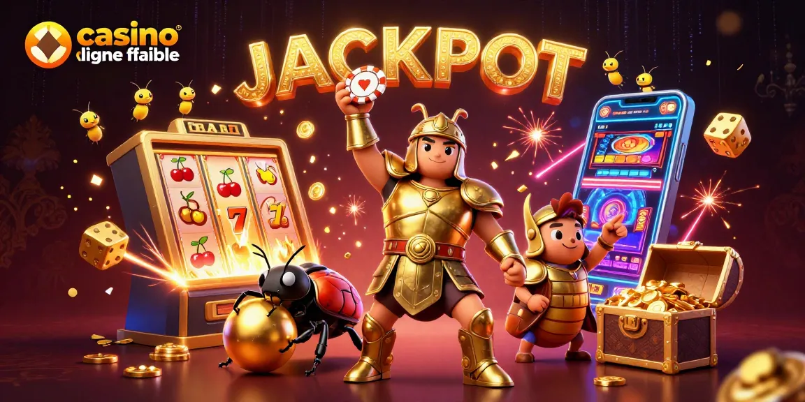 Un casino en ligne fiable se dévoile avec un scarabée en armure soulevant un jeton gagnant, entouré d'une machine à sous explosive.