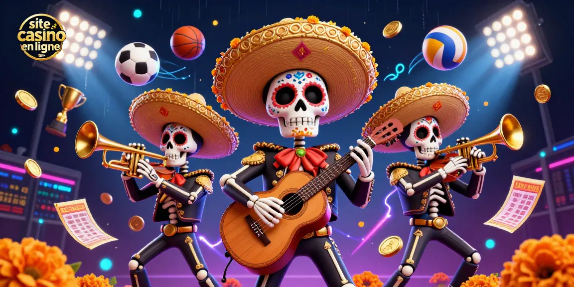 Illustration dynamique de musiciens Dia de los Muertos célébrant le site casino en ligne avec des éléments sportifs.