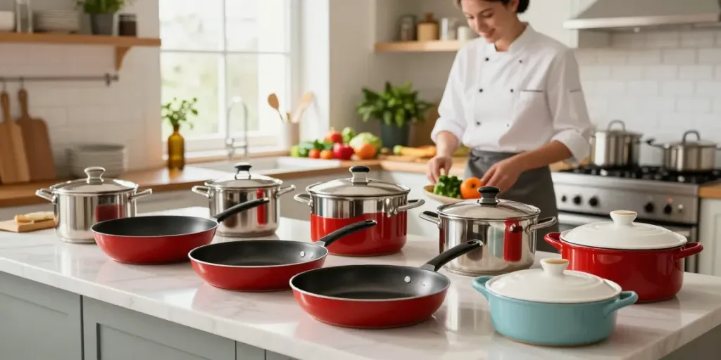Showcase of CookWare Price in Bangladesh with various pots and pans in a sunny kitchen.