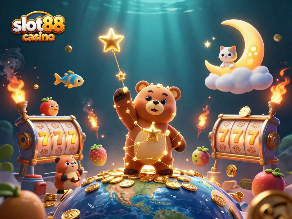 Experience thrilling wins at slot88 casino with vibrant 3D illustration of winning slots and golden star characters.