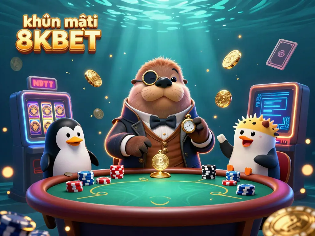 Experience khuyến mãi 8KBET with a jolly walrus playing poker underwater, among vibrant casino elements.