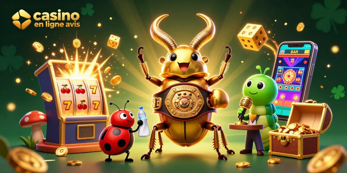 Des avis sur le casino en ligne avec un scarabée doré et un jackpot éclatant.