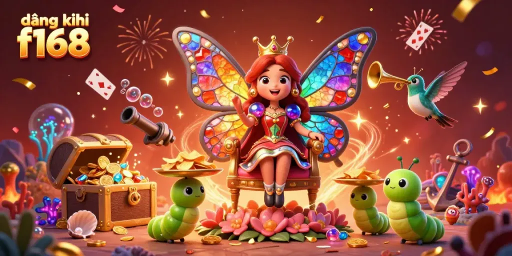 Engage with vibrant gameplay at đăng ký f168, featuring a butterfly queen amidst treasure and confetti.