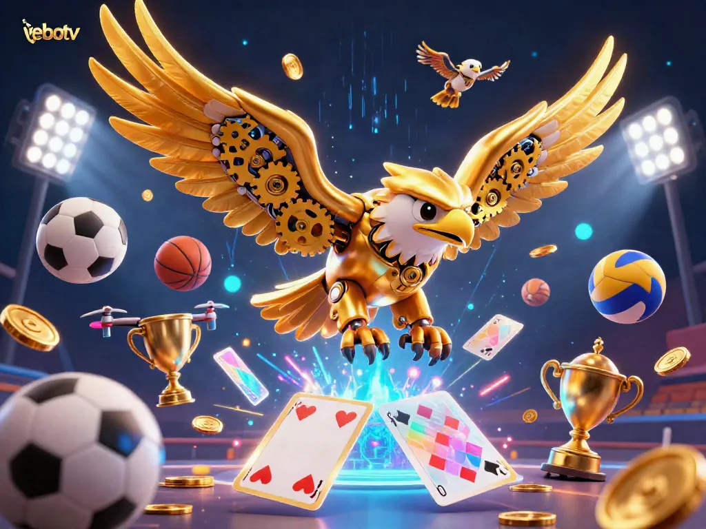 Experience vebotv's dynamic gaming atmosphere with a cybernetic eagle diving through 3D holographic playing cards.