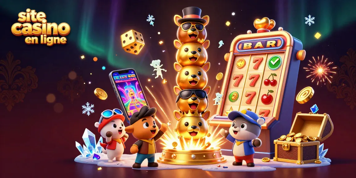 Illustration d'un site casino en ligne avec un totem doré et des machines à sous captivantes.
