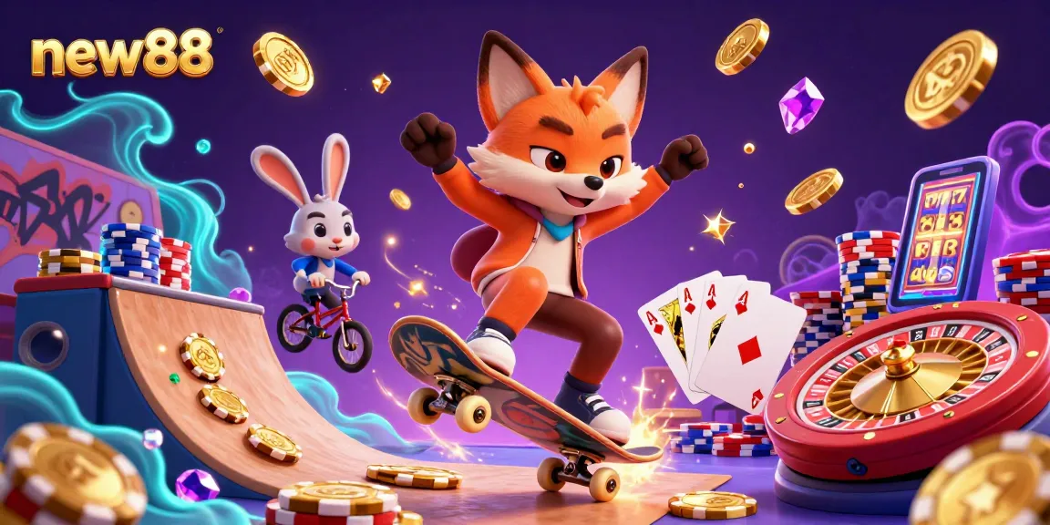 Experience the excitement of new88 with a dynamic illustration of cartoon characters engaged in thrilling casino activities.