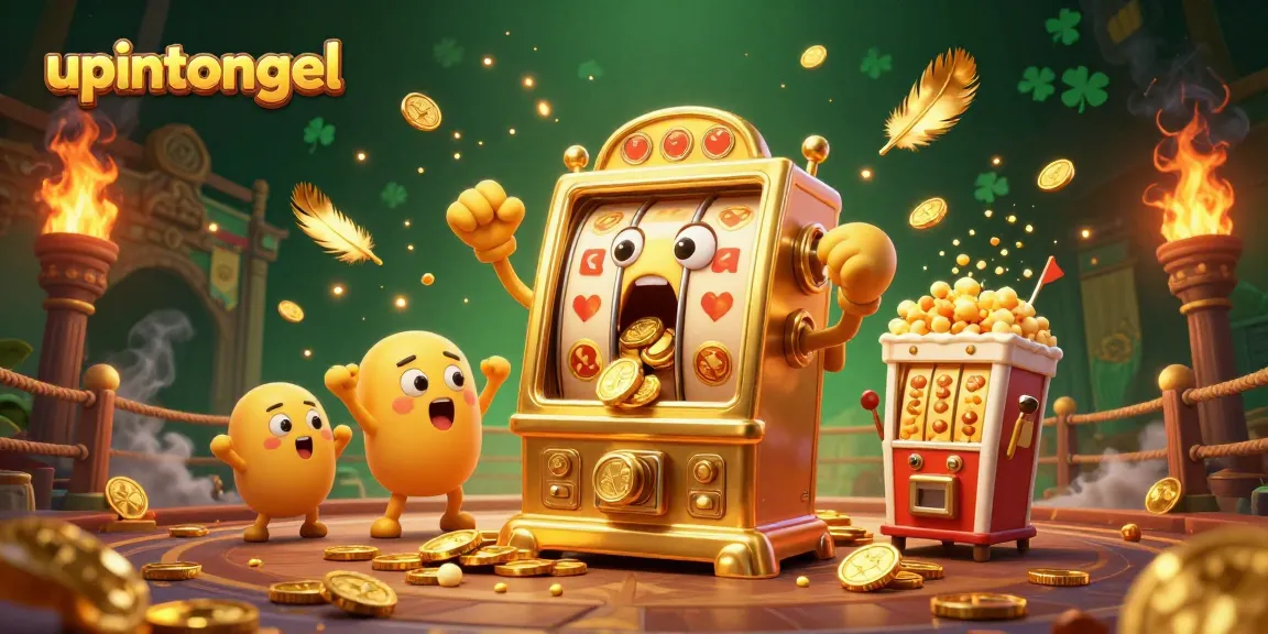Menangkan jackpot menggunakan upintogel sambil dikelilingi oleh mesin slot kecil dan popcorn emas yang terbang.