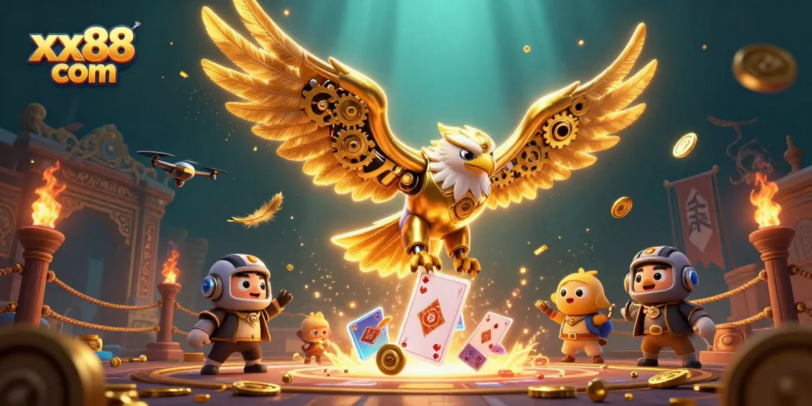 Engage with thrilling gameplay at xx88 com as the cybernetic eagle soars through a vibrant casino scene.