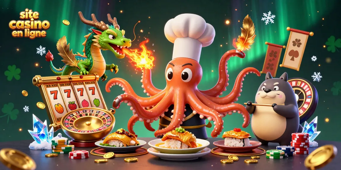 Illustration d'un site casino en ligne avec un chef sushi pieuvre et un dragon, animant une scène dynamique.