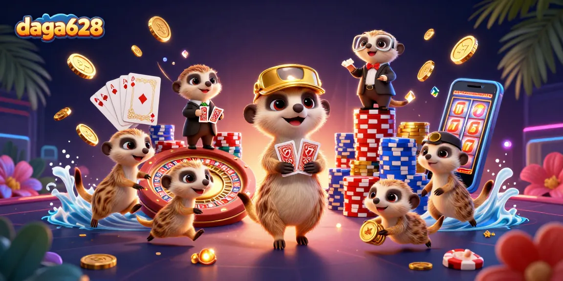 daga628 entertains with a lively meerkat casino scene, featuring card dealers and vibrant game elements.