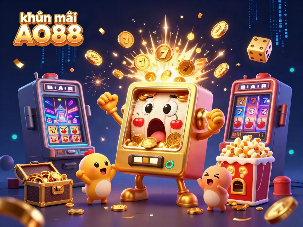 Experience the thrill of khuyến mãi AO88 with a cheerful slot machine celebrating a jackpot amidst golden coins and fun gaming elements.