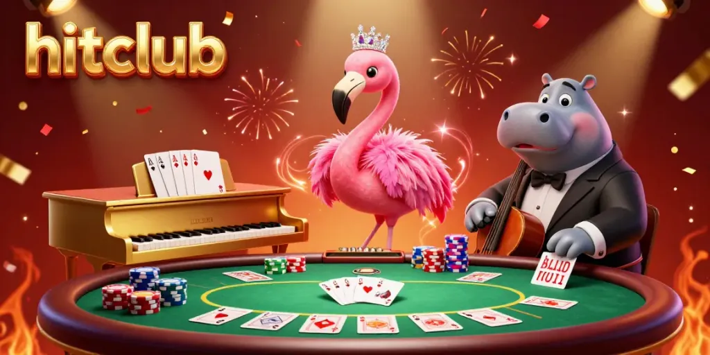Join the fun at hitclub with a lively flamingo singer and hippo bassist in a vibrant casino scene.