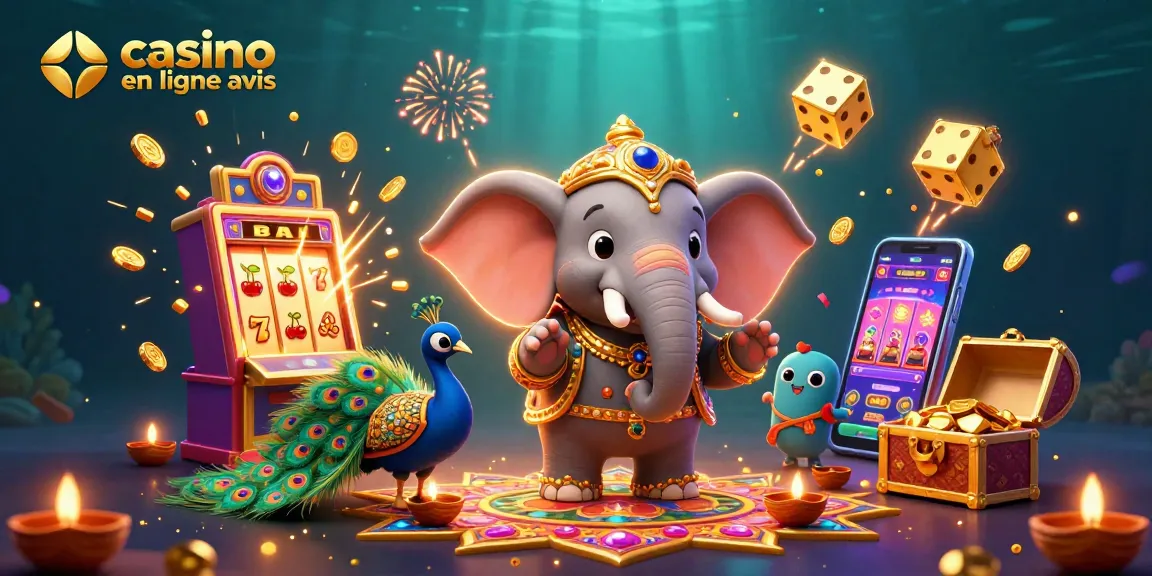 Évaluez les meilleurs casinos en ligne avis avec un éléphant décoré et des jeux lumineux.
