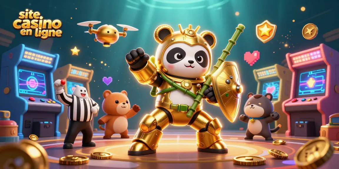 Découvrez le site casino en ligne avec un panda doré et un robot, entouré de jeux d'arcade colorés.