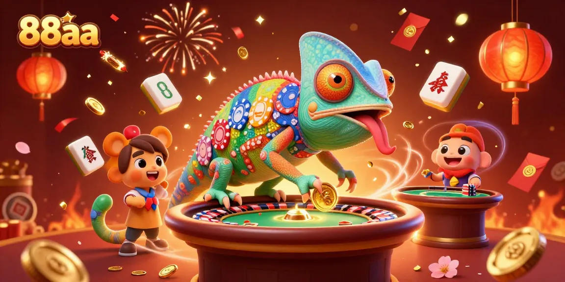 Experience the vibrant world of 88aa with a chameleon casino owner capturing golden coins in a lively atmosphere.