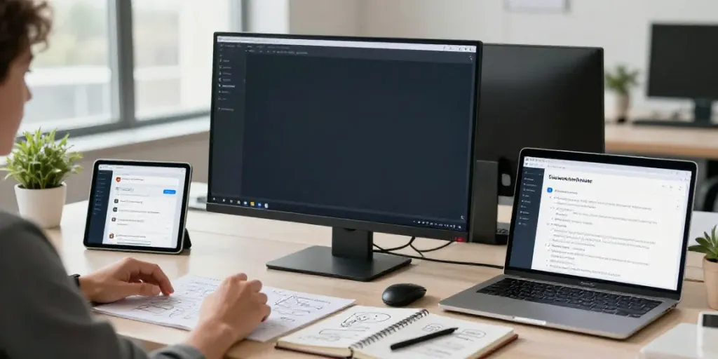 How to write product FAQ answers with AI in a modern office setup with digital tools.