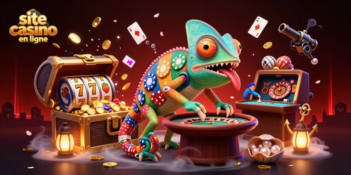 Illustration 3D d'un caméléon propriétaire de casino, jouant sur un site de casino en ligne et attirant des jetons d'or.