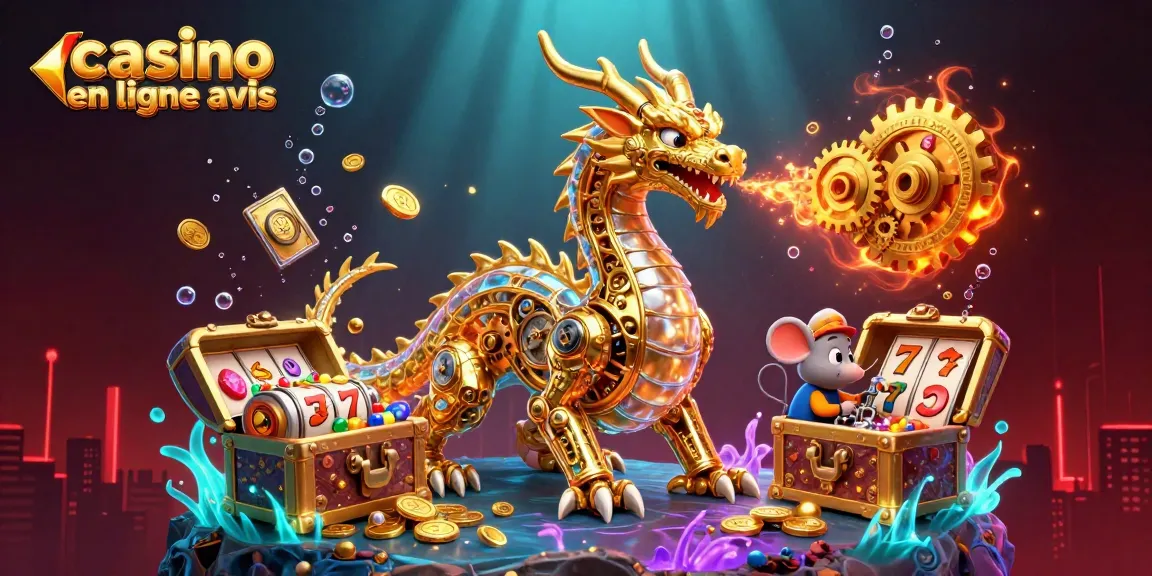 Illustration dynamique avec dragon doré et éléments de jeux, casino en ligne avis en vedette.