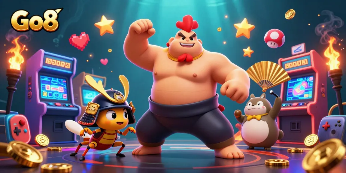 Go8 featuring a powerful sumo wrestler, cricket, and announcer create an animated casino scene.