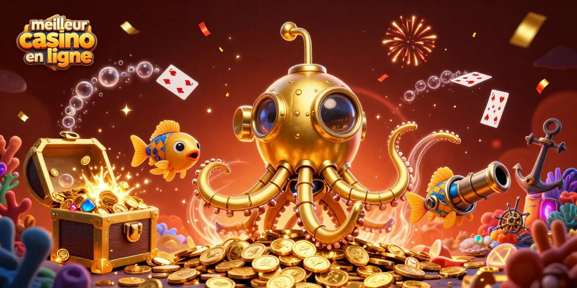 Image animée de "meilleur casino en ligne" avec kraken doré émergeant d'un océan de pièces, symboles de chance et explosifs.