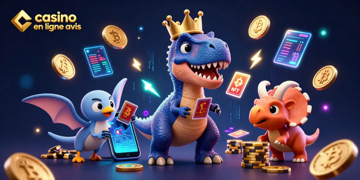 Découvrez casino en ligne avis avec une scène ludique illustrant un T-Rex jouant aux cartes entouré de crypto-monnaies.