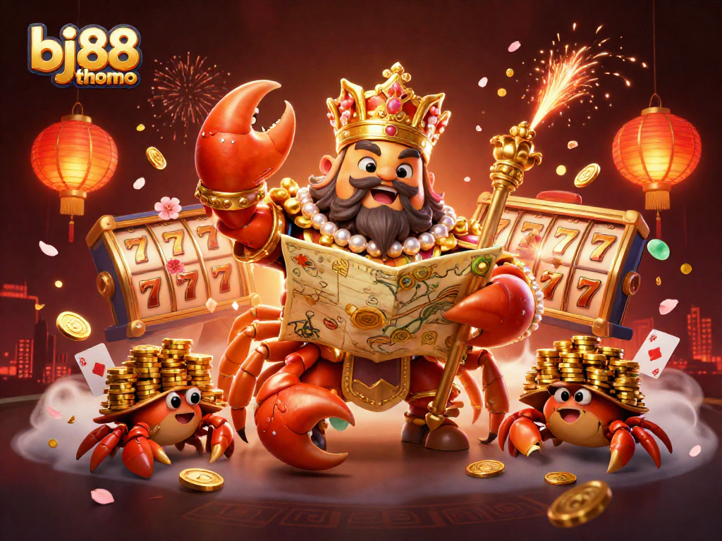 Engage in thrilling, colorful casino vibes at bj88 thomo with a majestic golden crab emperor and dynamic slot reels.