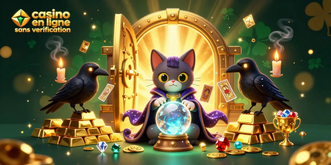 Jouez dans un casino en ligne sans vérification, avec des personnages mystiques entourés de trésors d'or et de pierres précieuses.
