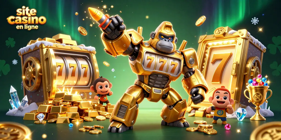 Découvrez un site casino en ligne captivant avec un gorille-or en 3D et des éléments de machine à sous.